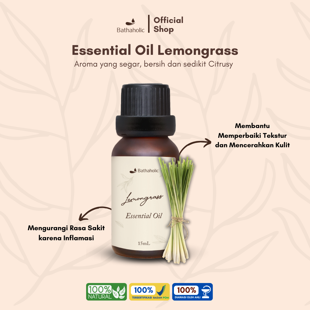 Bathaholic - Lemongrass Pure Essential Oil Minyak Aromatherapy Pengharum Ruangan Murni Segar dan Menenangkan