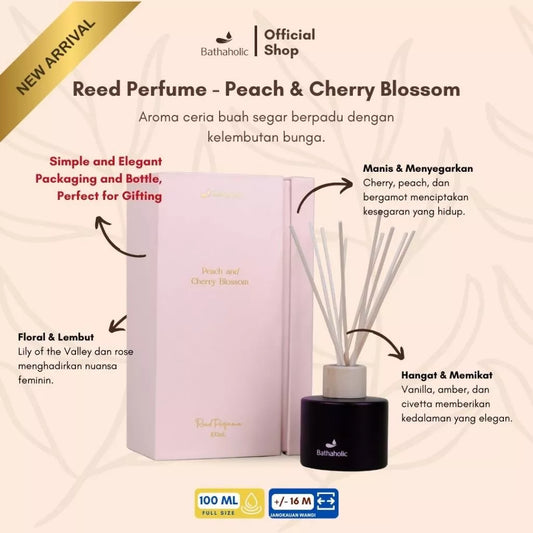 Bathaholic - Reed Diffuser Peach & Cherry Blossom 100ml Luxury Collection Aromaterapi - Pengharum Ruangan Aromatherapy