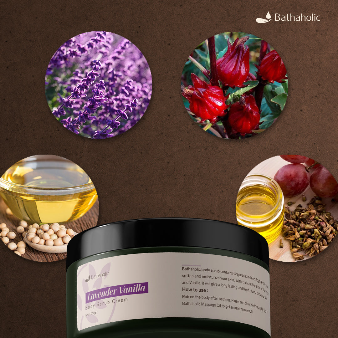 Bathaholic - Body Scrub Cream Lavender Vanilla - Lulur Cream Eksfoliasi Tubuh Mencerahkan, Melembutkan dan Mengangkat Sel Kulit Mati